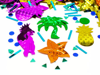 Metallic pineapple confetti, parrot confetti, starfish confetti and palm tree confetti